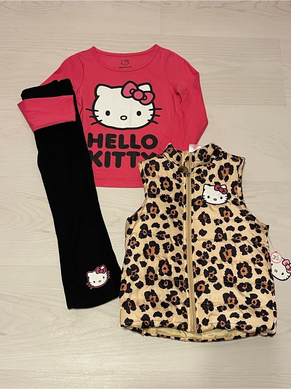 Hello Kitty Girls Pink Top Black Leggings Leopard Vest Set